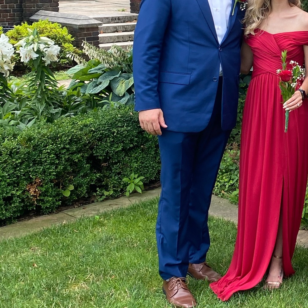 David’s bridal red off the shoulder dress